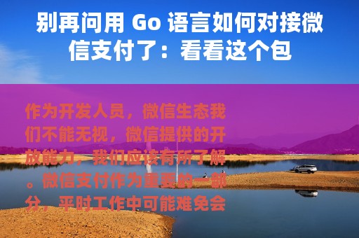 别再问用 Go 语言如何对接微信支付了：看看这个包