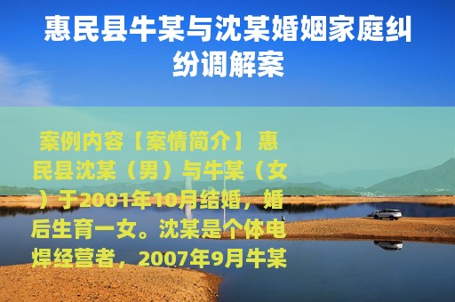 惠民县牛某与沈某婚姻家庭纠纷调解案