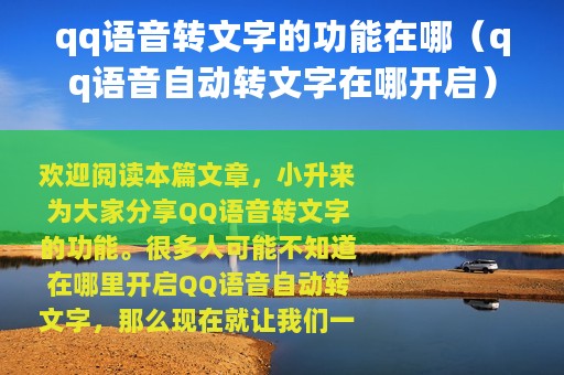 qq语音转文字的功能在哪（qq语音自动转文字在哪开启）