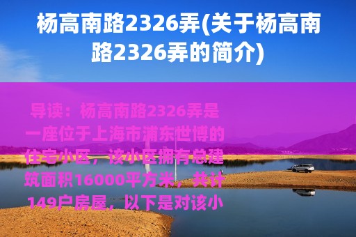 杨高南路2326弄(关于杨高南路2326弄的简介)