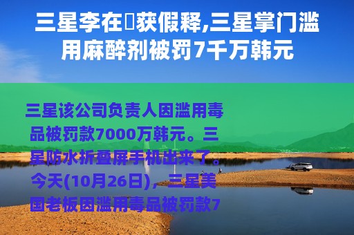 三星李在镕获假释,三星掌门滥用麻醉剂被罚7千万韩元