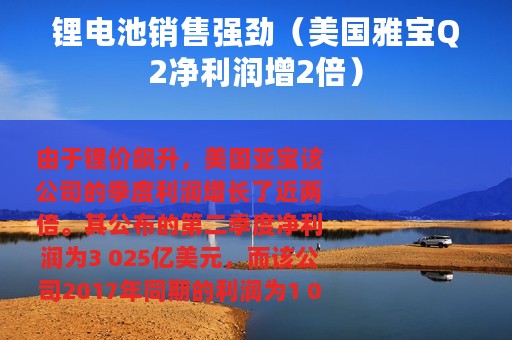 锂电池销售强劲（美国雅宝Q2净利润增2倍）