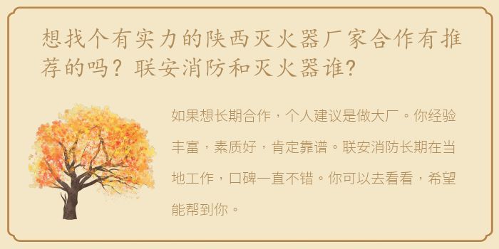 想找个有实力的陕西灭火器厂家合作有推荐的吗？联安消防和灭火器谁?