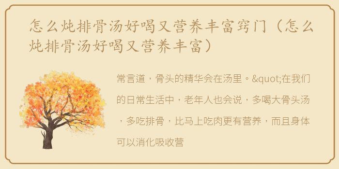 怎么炖排骨汤好喝又营养丰富窍门（怎么炖排骨汤好喝又营养丰富）