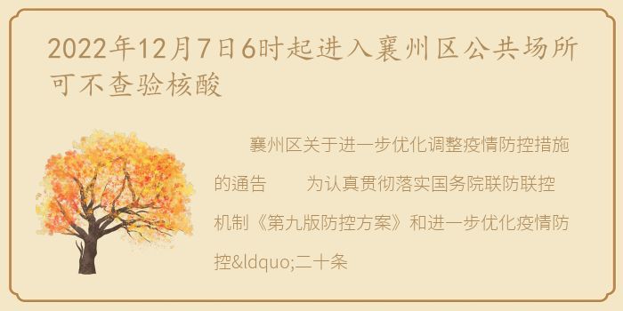 2022年12月7日6时起进入襄州区公共场所可不查验核酸
