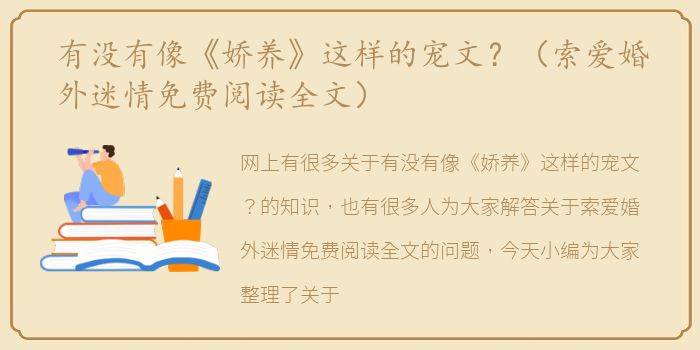 有没有像《娇养》这样的宠文？（索爱婚外迷情免费阅读全文）